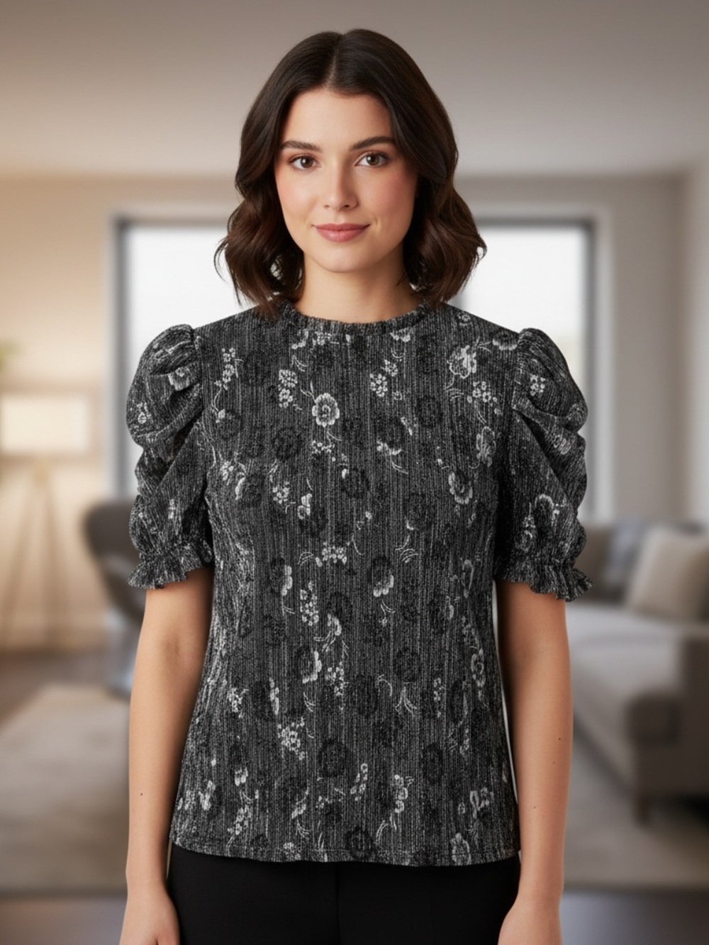Sara Michelle Small Black Silver Floral Shimmer Pleated Puff Sleeve Blouse NWT
